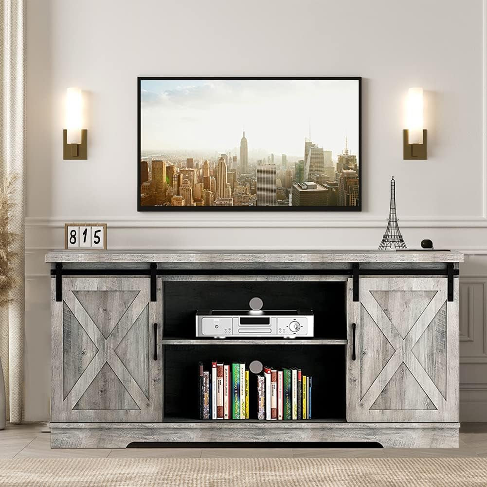 TV Stand Farmhouse Entertainment Center for 65 Inch TV Media Console Cabinet, Gray Barn Doors TV Stand with Storage and Shelves, Modern TV Console Table Furniture (Gray)