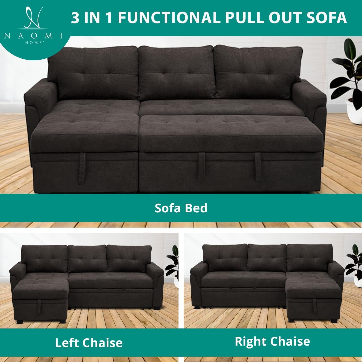 Transform Any Space: Sleeper Sectional Sofa with Convertible Sofa Bed & Inviting Chaise. Find Tranquil Comfort with Stress-Relieving Design & Durable Cushions - Espresso/Velvet