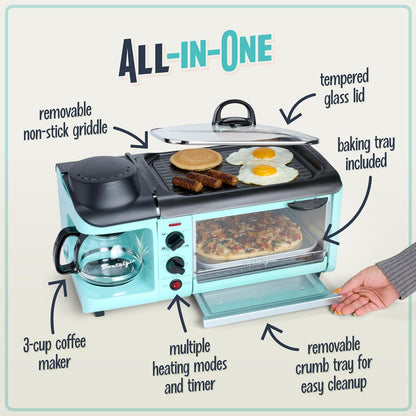 3-In-1 Breakfast Station - Includes Coffee Maker, Non-Stick Griddle, and 4-Slice Toaster Oven - Versatile Breakfast Maker with Timer - Aqua