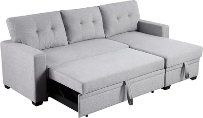 L-Shape Convertible Sleeper Sectional Sofa with Storage Chaise and Pull-Out Bed, Linen Upholstered Reversible Corner Couch W/Arms for Living Room, Apartment, Home Furniture,Light Grey