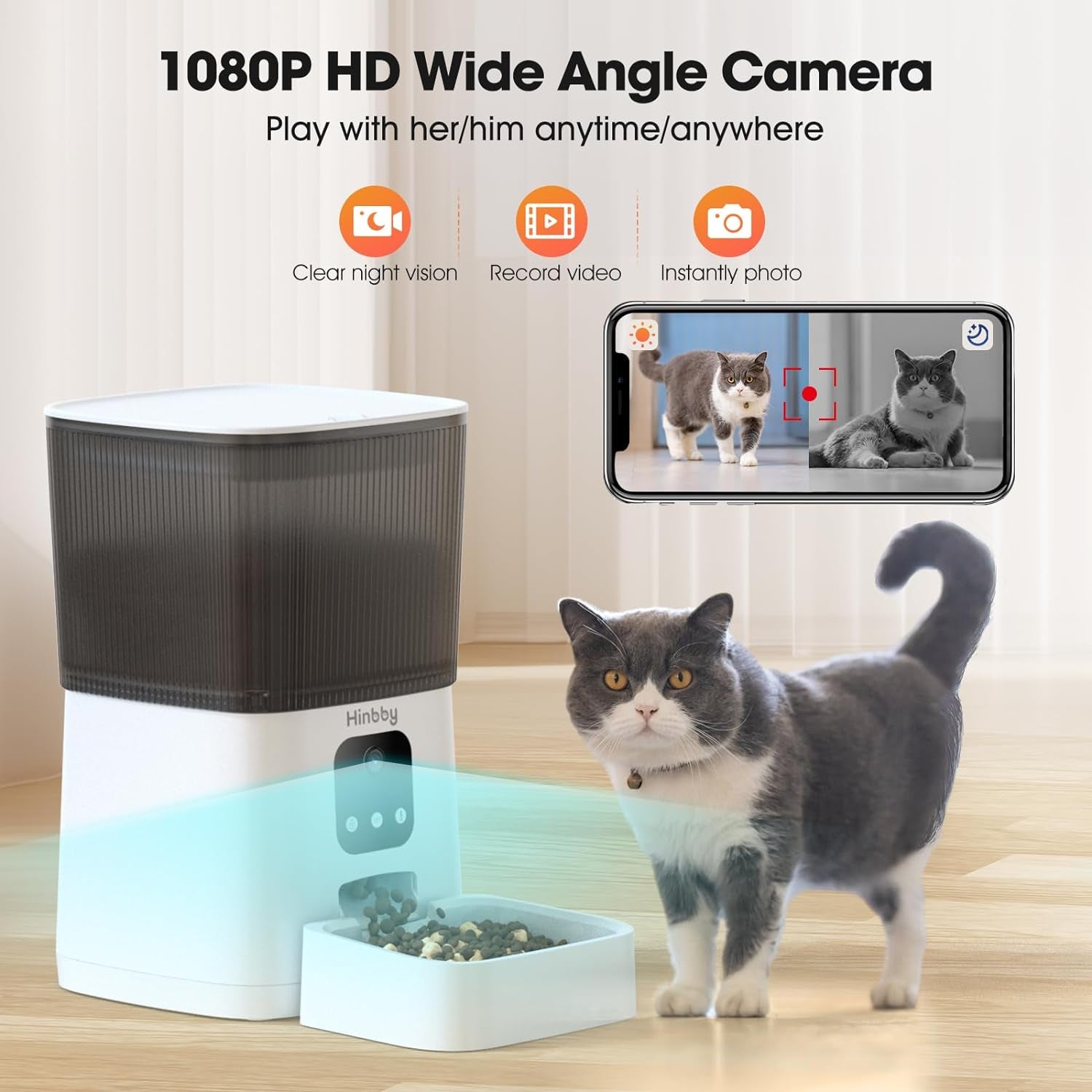 Automatic Cat Feeder with 1080P Camera, 7L Wifi Cat Food Dispenser with Remote App Control, Voice & Video Record, Dual Power Supply, Automatic Dog Feeder Auto Pet Dry Food Feeders for Cats