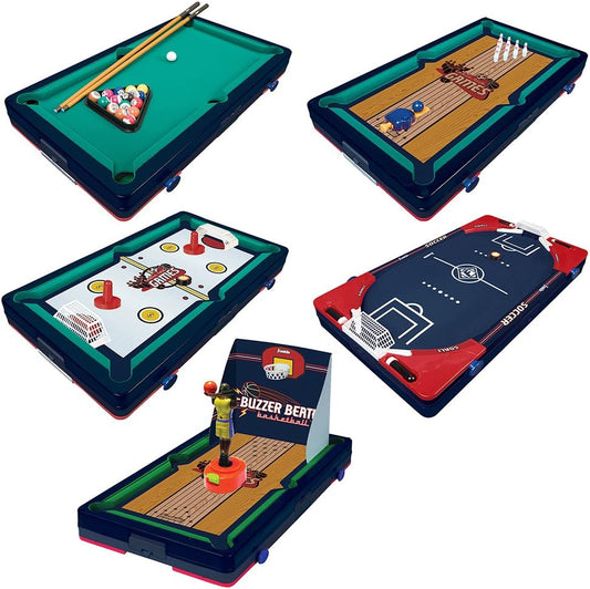 Table Top Sports Game Set - 5-In-1 Sports Center Indoor Sports Games - Tabletop Soccer, Basketball, Hockey, Bowling + Pool