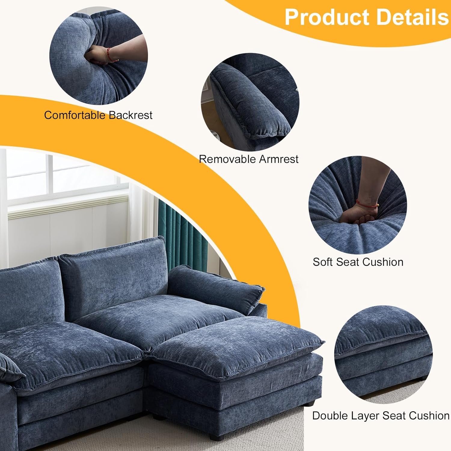 85.4" Cloud Sectional Sofa, Comfy L-Shaped Extra Deep Seat Sofa Couch for Living Room,Modern 2-Seat Convertible Loveseat Sofa with Ottoman for Small Space(Navy Blue)