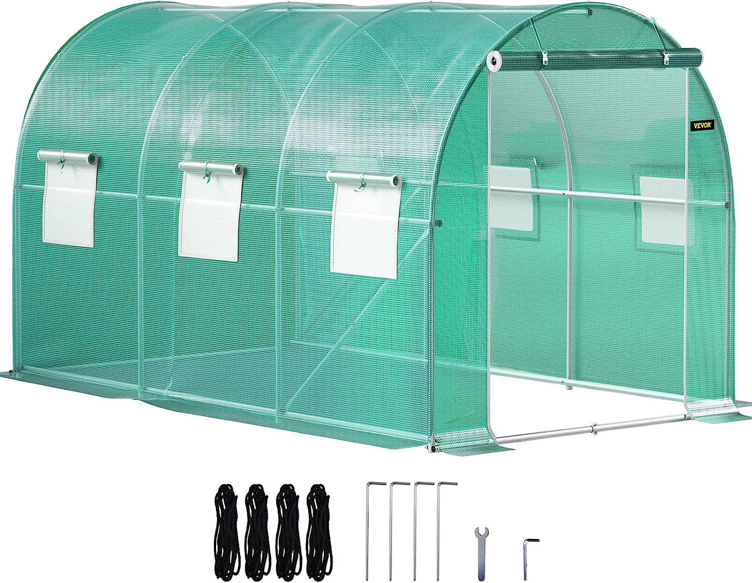 12 X 7 X 7 Ft Walk-In Tunnel Greenhouse, Portable Plant Hot House W/ Galvanized Steel Hoops, 1 Top Beam, 2 Diagonal Poles, 2 Zippered Doors & 6 Roll-Up Windows, Green - Design By Technique