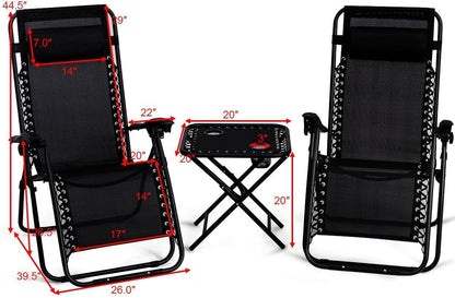 3 PCS Zero Gravity Chair Patio Chaise Lounge Chairs Outdoor Yard Pool Recliner Folding Lounge Table Chair Set (Black) - Design By Technique