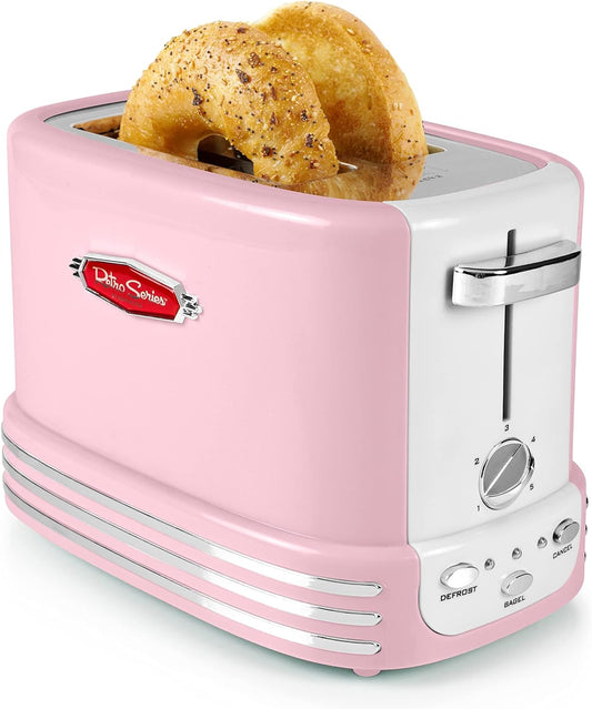 Retro Toaster - Wide 2-Slice Vintage Design - Compact Size Perfect for Kitchen Counter - Toasts Bread, Bagels, and Waffles - Comes with 5 Toasting Levels, Crumb Tray, Cord Storage - Pink