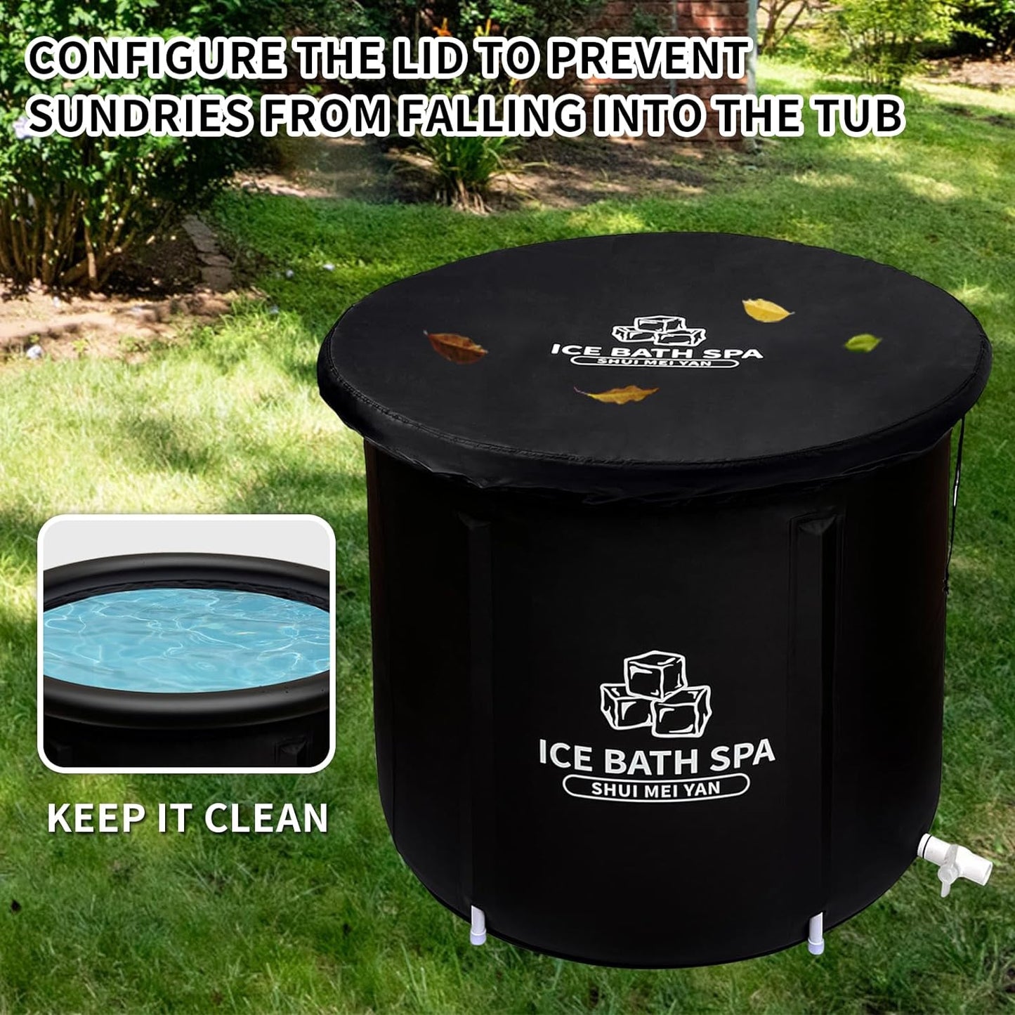 Large Ice Bath Tub Outdoor with Cover Portable Bathtub Athletes Cold Water Therapy Tub for Recovery Cold Plunge Tub Ice Barrel Ice Bath Tub (8217 Black with Cover-29.5"Φ X 29.5"H)