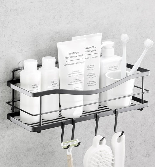 Shower Shelf - Self Adhesive Shower Caddy with 4 Hooks - No Drill Large Capacity Stainless Steel Rack - Aesthetic Organizer for Bathroom Wall Decor - Matte Black - Design By Technique