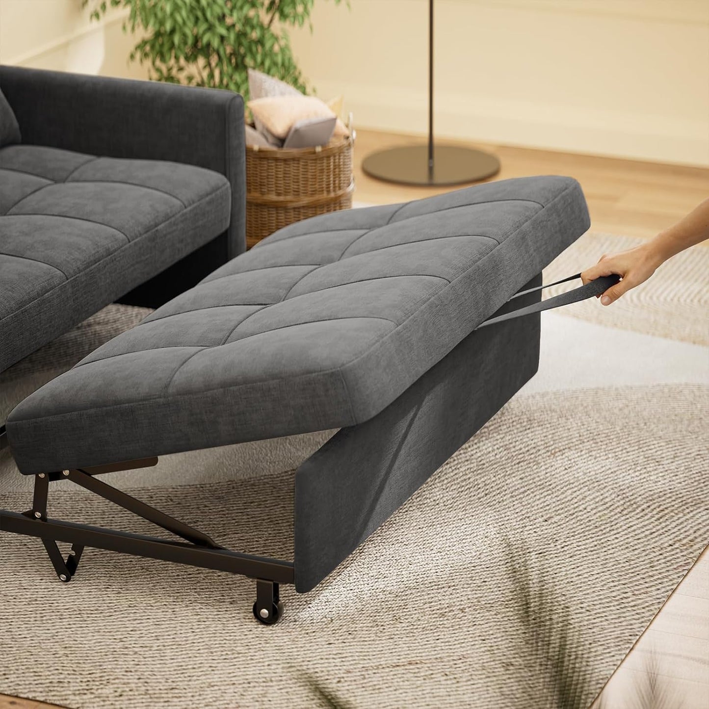 Sleeper Sofa Couch Bed, 3 in 1 Convertible Sofa Bed, 52" 2-Seater Loveseat with Pull Out Bed, Linen Fabric Futon Couches with Pillows, Pockets for Living Room Apartment Small Space, Dark Gray