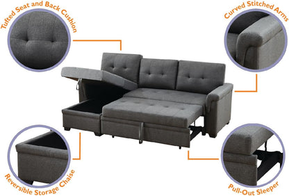 Lucca 84" W Dark Gray Linen Reversible Sleeper Sectional Sofa with Storage Chaise