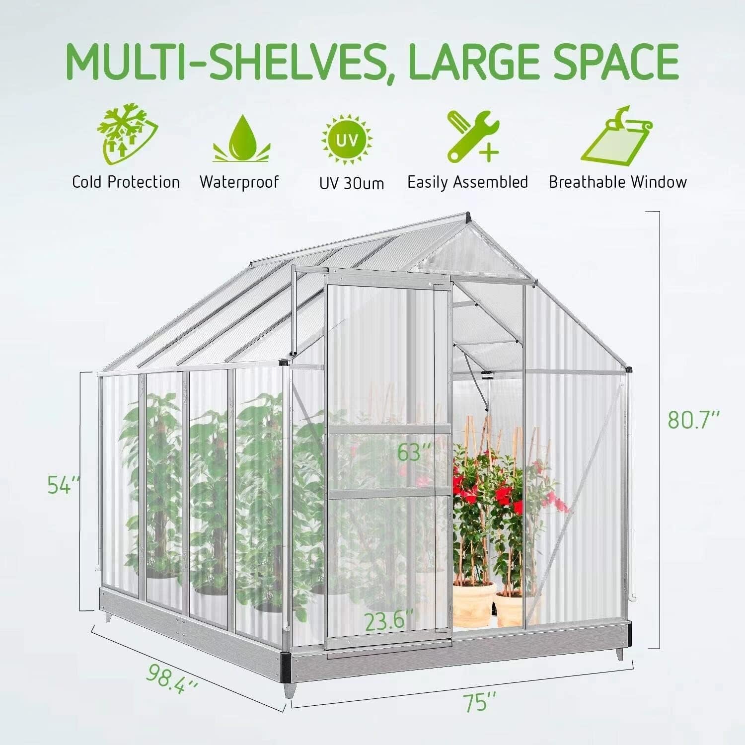 8.3' X 6.3 X 6.8' Aluminum Outdoor Greenhouse, with Adjustable Roof Vent, Rain Gutter and Sliding Door, Polycarbonate Walk-In Garden Greenhouse Kit for Winter - Design By Technique