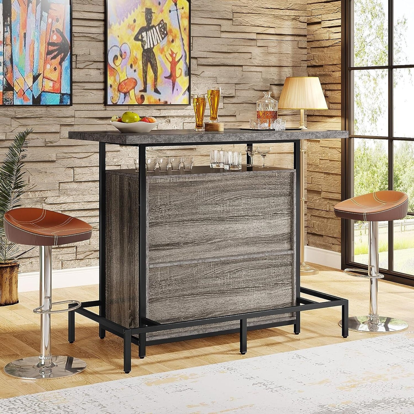 Home Bar Unit 3-Tier Liquor Bar Table with Glasses Holder Wine Storage