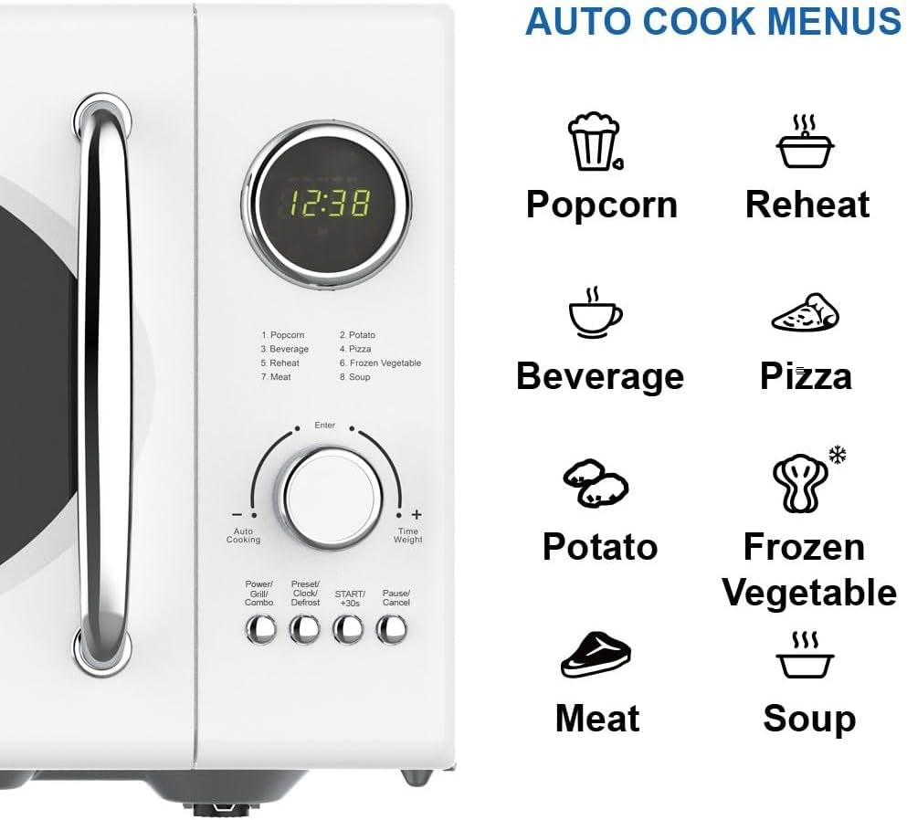 MWRG0901W Retro Compact Countertop 800W Microwave Oven with 1,000W Grill Function, LED Display 5 Power Levels, 8 Auto Menus, Glass Turntable and Child Safe Lock, 0.9 Cu. Ft, White