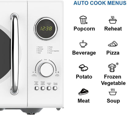 MWRG0901W Retro Compact Countertop 800W Microwave Oven with 1,000W Grill Function, LED Display 5 Power Levels, 8 Auto Menus, Glass Turntable and Child Safe Lock, 0.9 Cu. Ft, White