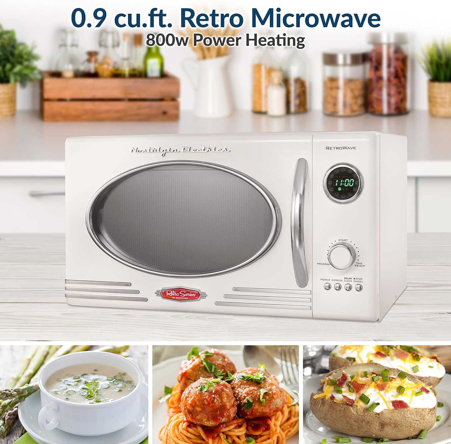 Retro Countertop Microwave Oven - Large 800-Watt - 0.9 Cu Ft - 12 Pre-Programmed Cooking Settings - Digital Clock - Kitchen Appliances - Ivory