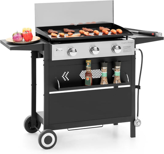 Gas Griddle Cooking Station with Ceramic Coated Cast Iron Pan, 3-Burner Flat Top Propane Gas Grill, 33,000 BTU Output Flattop Grill for Outdoor Barbecue, Cooking and Party