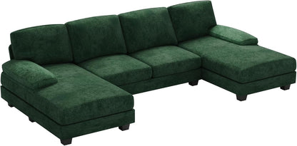 Convertible Sectional Sofa Couch, 4 Seat Sofa Set for Living Room U-Shaped Modern Fabric Modular Sofa Sleeper with Double Chaise & Memory Foam (Green)