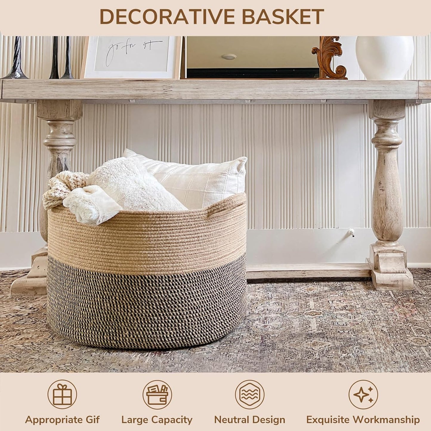 Extra Large Woven Baskets for Storage, 21.7 X 13.8 Blanket Basket Wicker Laundry Basket for Organizing Toy Pillow Shoe for Entryway &Living Room , Black Jute