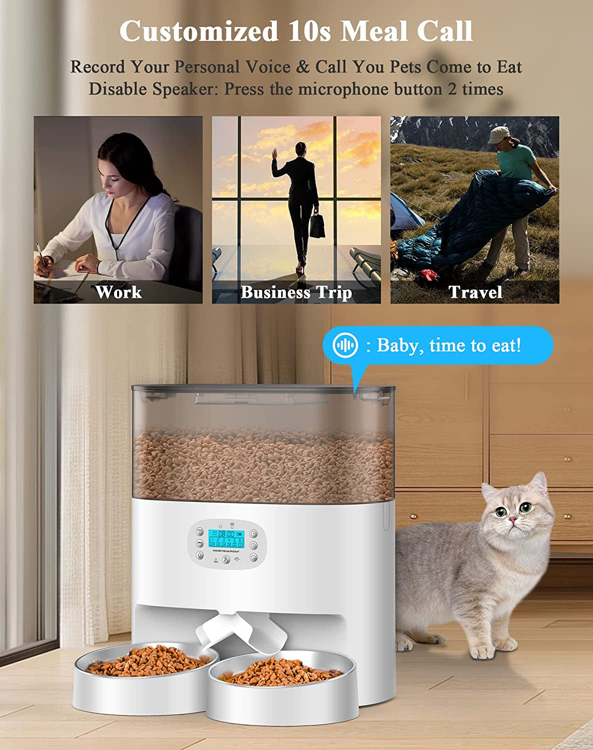 Automatic Cat Feeder,  6L Pet Feeder for 2 Cats & Dogs, Auto Cat Dry Food Dispenser with Desiccant Bag, Timer Feeder Portion Control 1-6 Meals per Day, Dual Power Supply, Voice Recorder