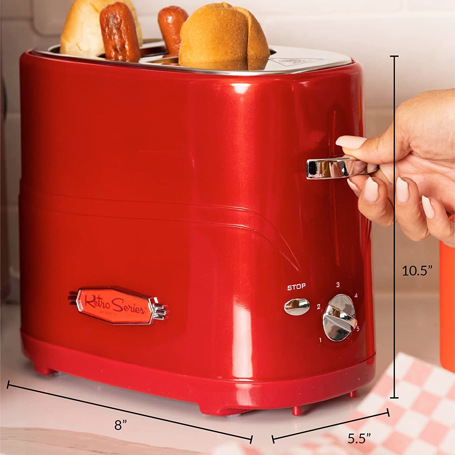 2 Slot Hot Dog and Bun Toaster with Mini Tongs, Retro Toaster, Cooker That Works Chicken, Turkey, Veggie Links, Sausages Brats, Metallic Red