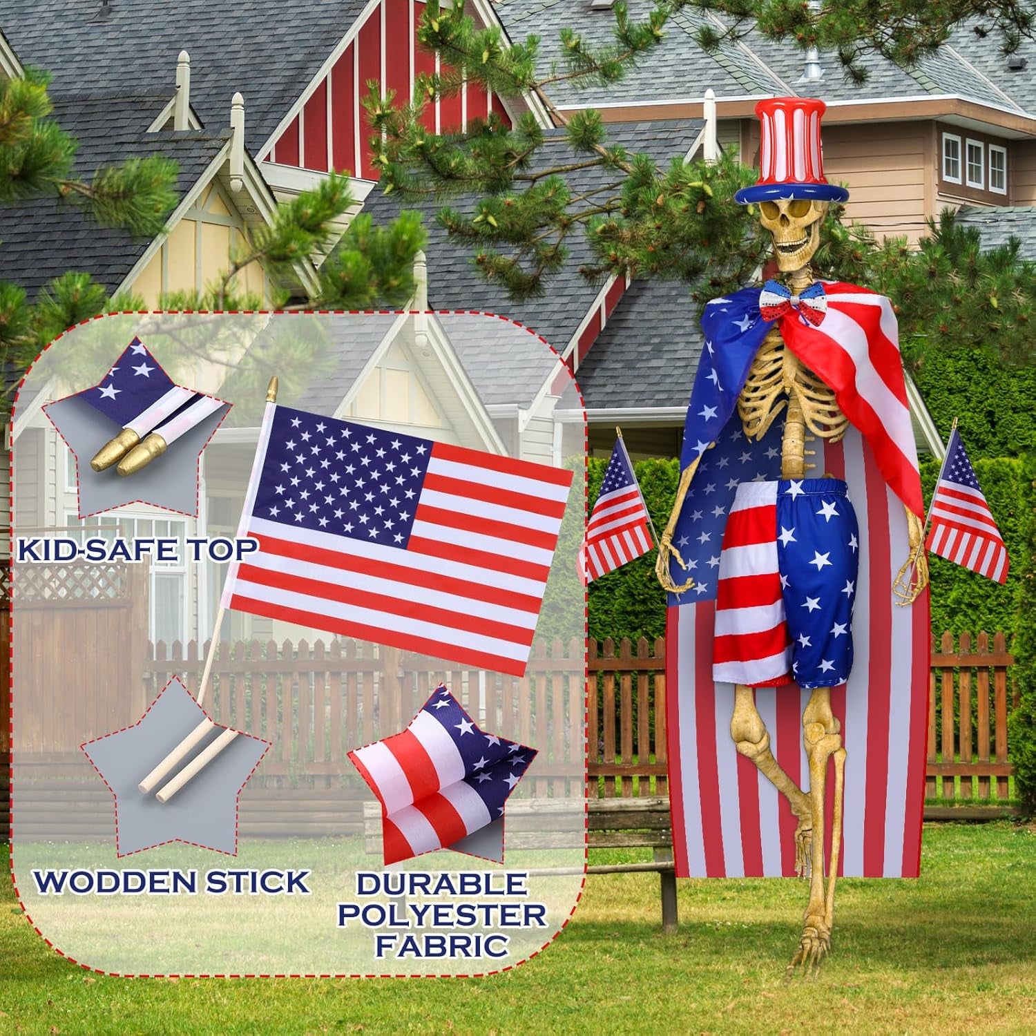 6 Pcs 12 Ft Skeleton 4Th of July Clothes Accessories Inflatable Uncle Hat Bow Tie American Flag Costume Cape and Shorts 2 American Flags on Stick for Patriotic Independence Outdoor Decoration