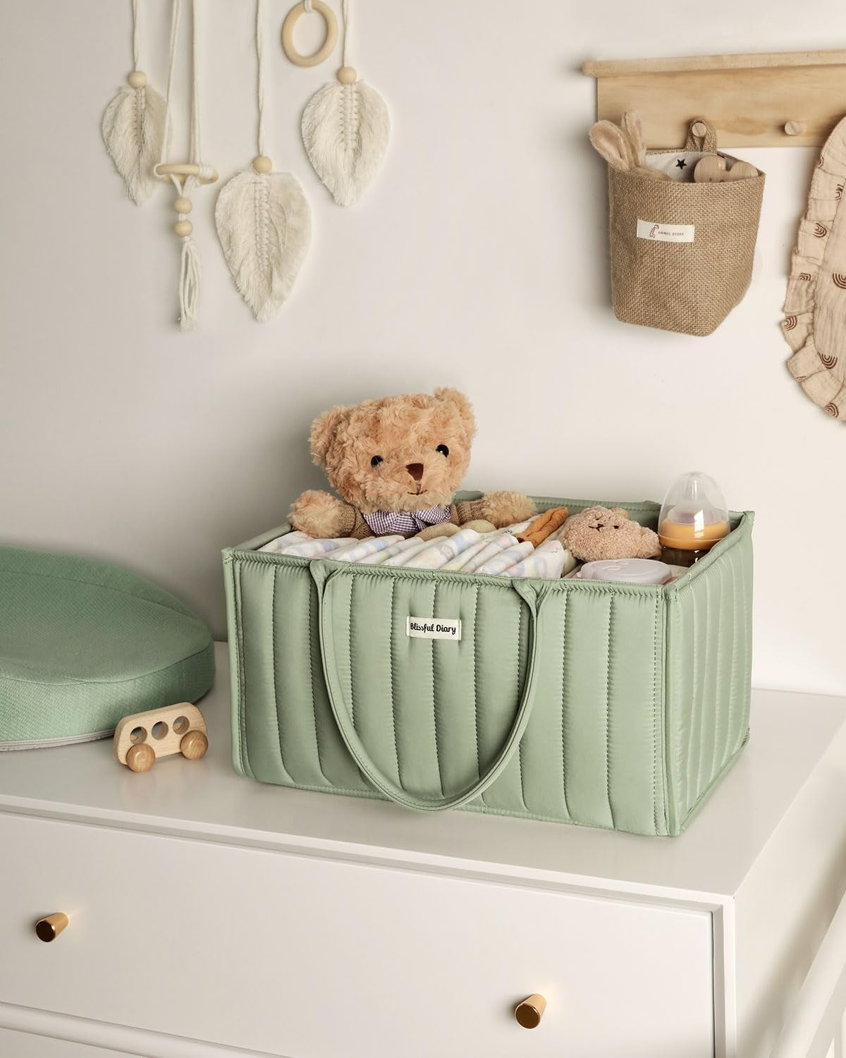 Baby Diaper Caddy Organizer, Stylish Nursery Storage Basket - Gift for Baby Shower, Baby Registry Must Have, Newborn Essentials - Baby Caddy Organizer for Diaper Station - Sage Green