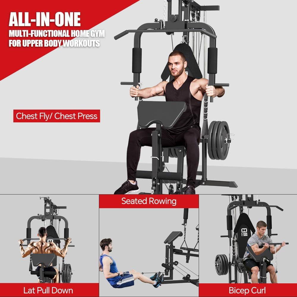 Home Gym Workout Station, Multifunctional Home Gym System with Leg Extension, Leg Press, Preacher Curl and Full Body Exercise Accessories, Plate Loaded Strength Training Machine