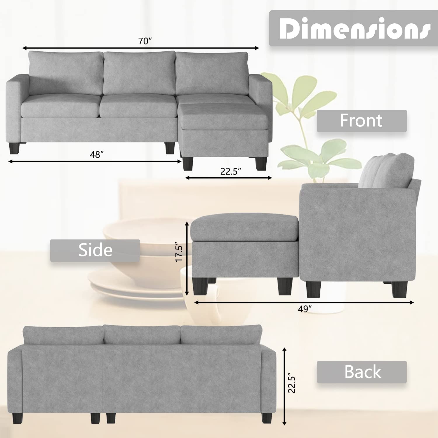 Convertible Sectional Sofa 3 L-Shaped Couch with Line Fabric for Apartment, Living Room, Gray Wash