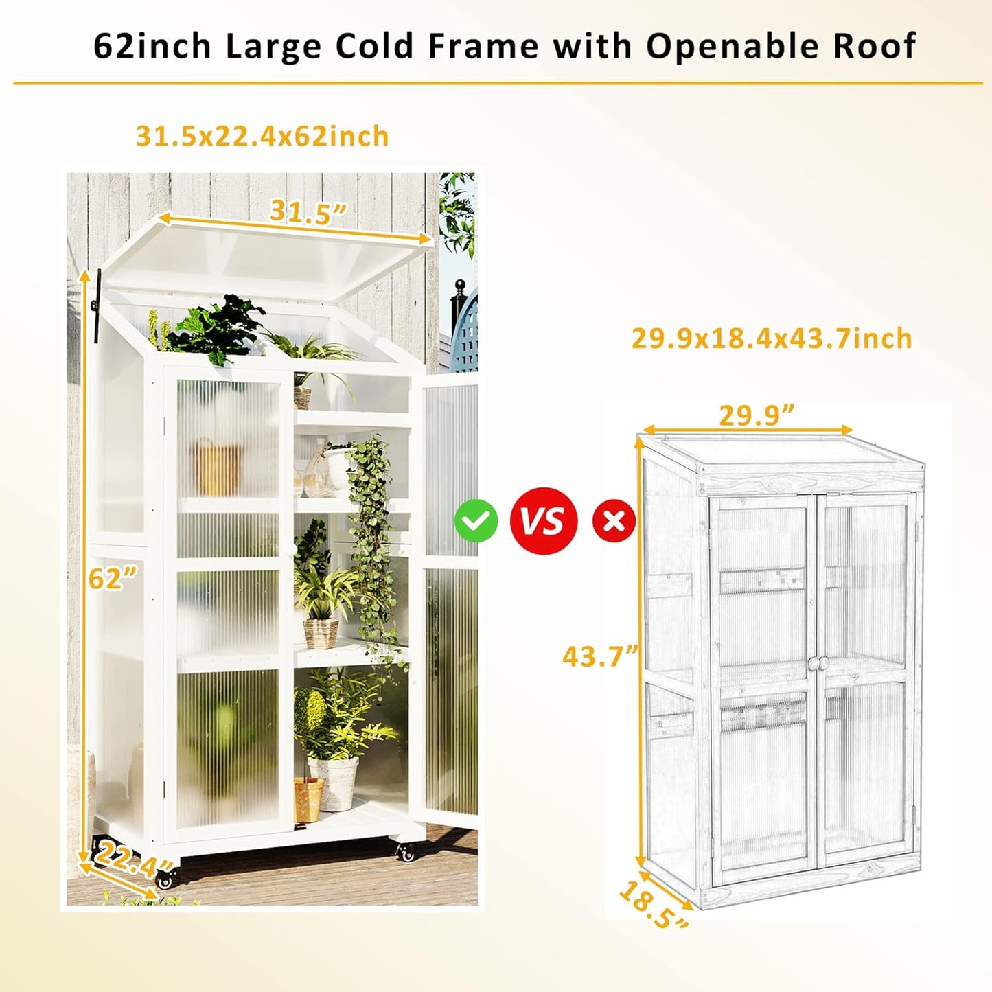 62Inch Height Large Wood Greenhouse Portable Cold Frame with Wheels and Adjustable Shelves, Green House for Outdoor Garden Backyard Indoor Use, White