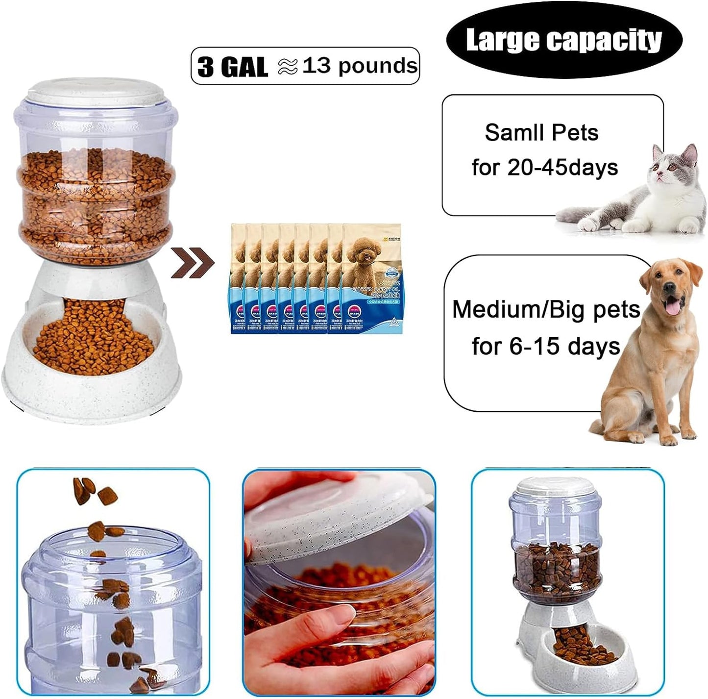 Automatic Dog Feeders for Large Dogs,3 Gallon Gravity Dog Feeder Large Breed,Automatic Cat Feeder Food Dispenser,Large Dog Food Dispenser Pet Feeder Station,Gravity Feeder for Dogs Cats