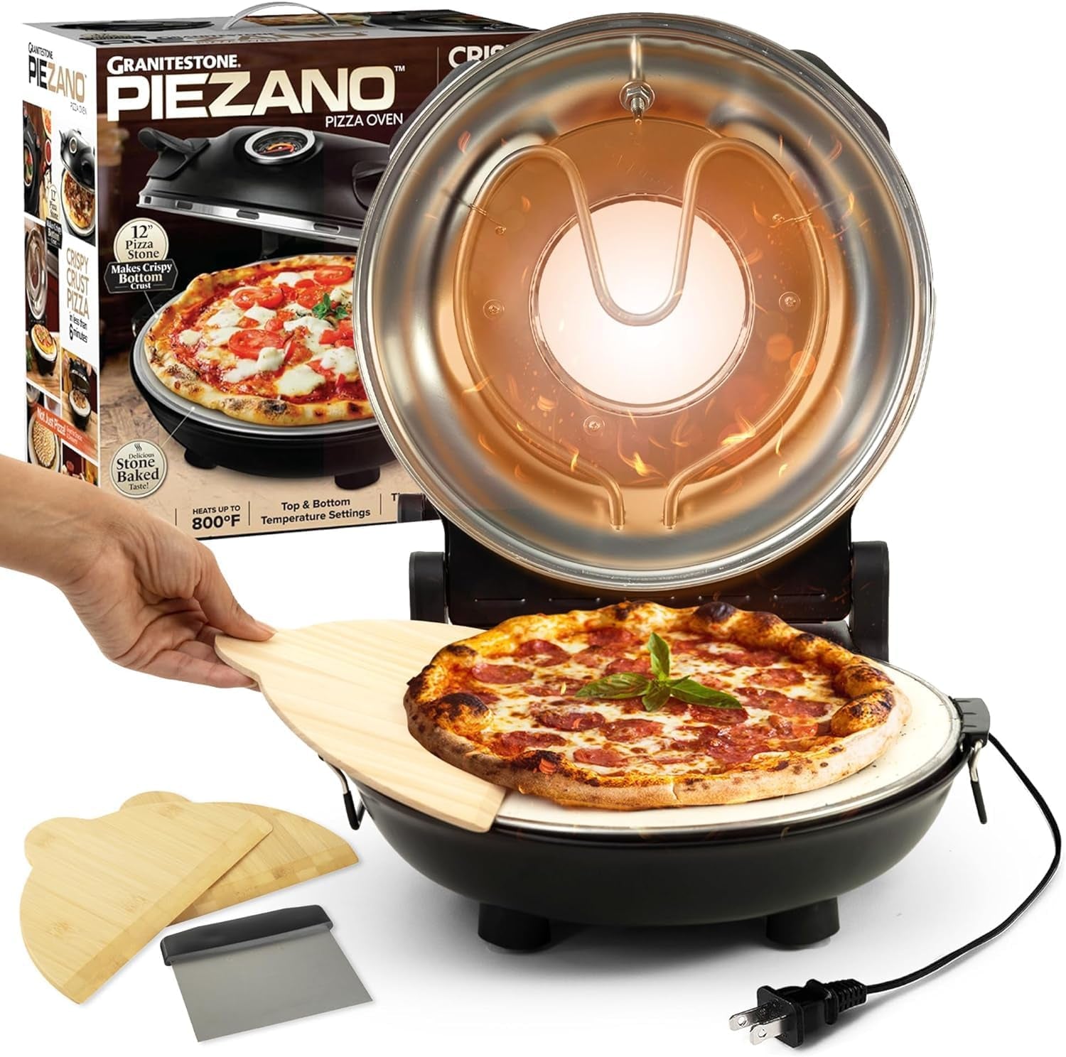 PIEZANO Crispy Crust Pizza Oven by  – Electric Pizza Oven Indoor Portable, 12 Inch Indoor Pizza Oven Countertop, Pizza Maker Heats up to 800˚F for Stone Baked Pizza at Home as Seen on TV