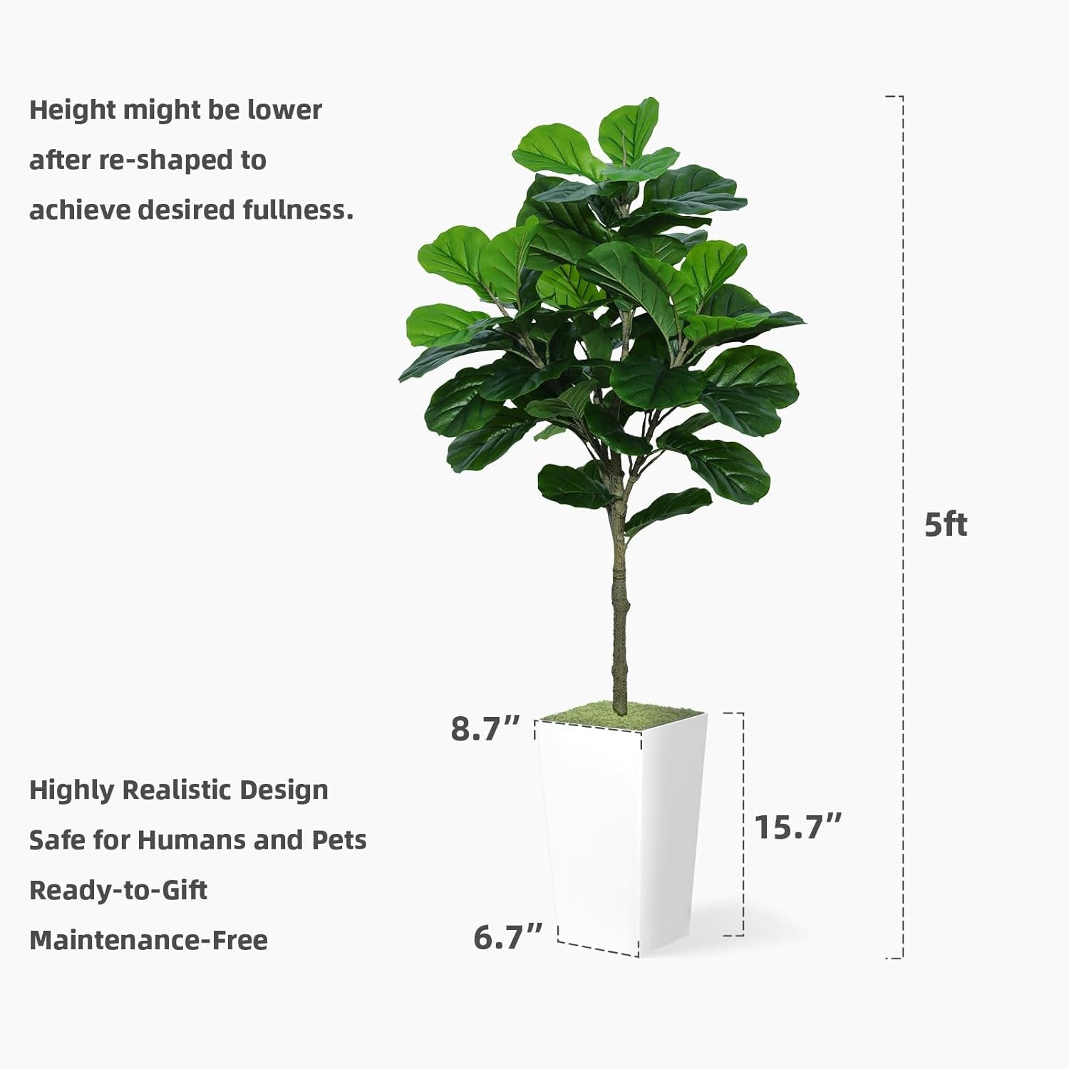 Fiddle Leaf Fig Tree Artificial 5FT - Faux Fiddle Leaf Fig Tree with White Tall Planter - Fake Ficus Lyrata Floor Plant Potted - Artificial Fig Tree for Home Office Living Room Decor Indoor