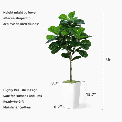 Fiddle Leaf Fig Tree Artificial 5FT - Faux Fiddle Leaf Fig Tree with White Tall Planter - Fake Ficus Lyrata Floor Plant Potted - Artificial Fig Tree for Home Office Living Room Decor Indoor