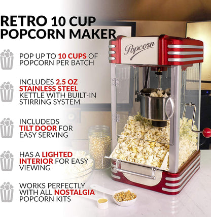 Popcorn Maker, 2.5 Oz Kettle Makes 10 Cups, Retro Classic Popcorn Machine with Interior Light, Measuring Spoons and Scoop, White and Red