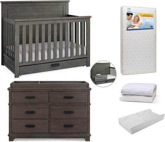 Caden Crib 7-Piece Baby Nursery Furniture Set–Includes: Convertible Crib, Dresser, Changing Top, Crib Mattress, Sheets, Toddler Guardrail & Changing Pad, Rustic Grey