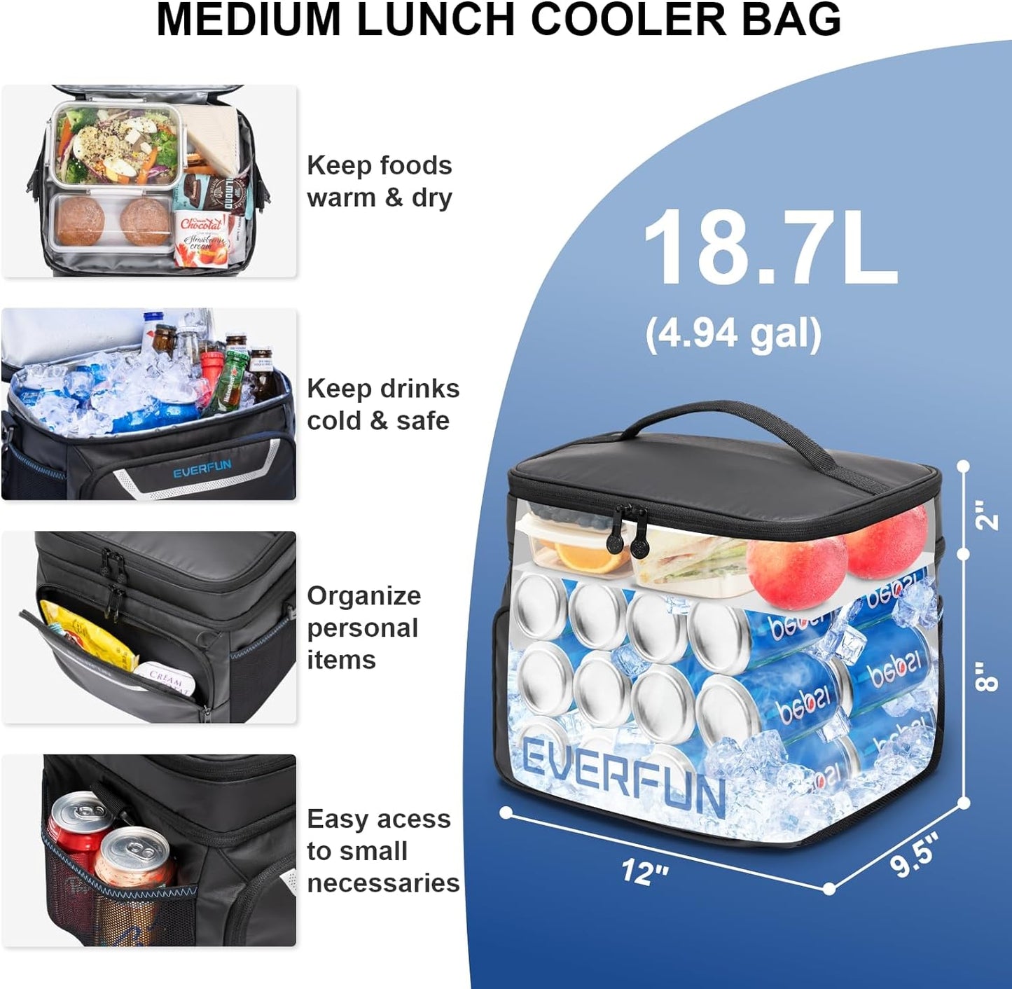 Small Cooler Bag Insulated Beach Cooler Lunch Bag for Men 24 Can Dual Compartments Reusable Waterproof Leak-Proof for Travel Work Picnic, Black