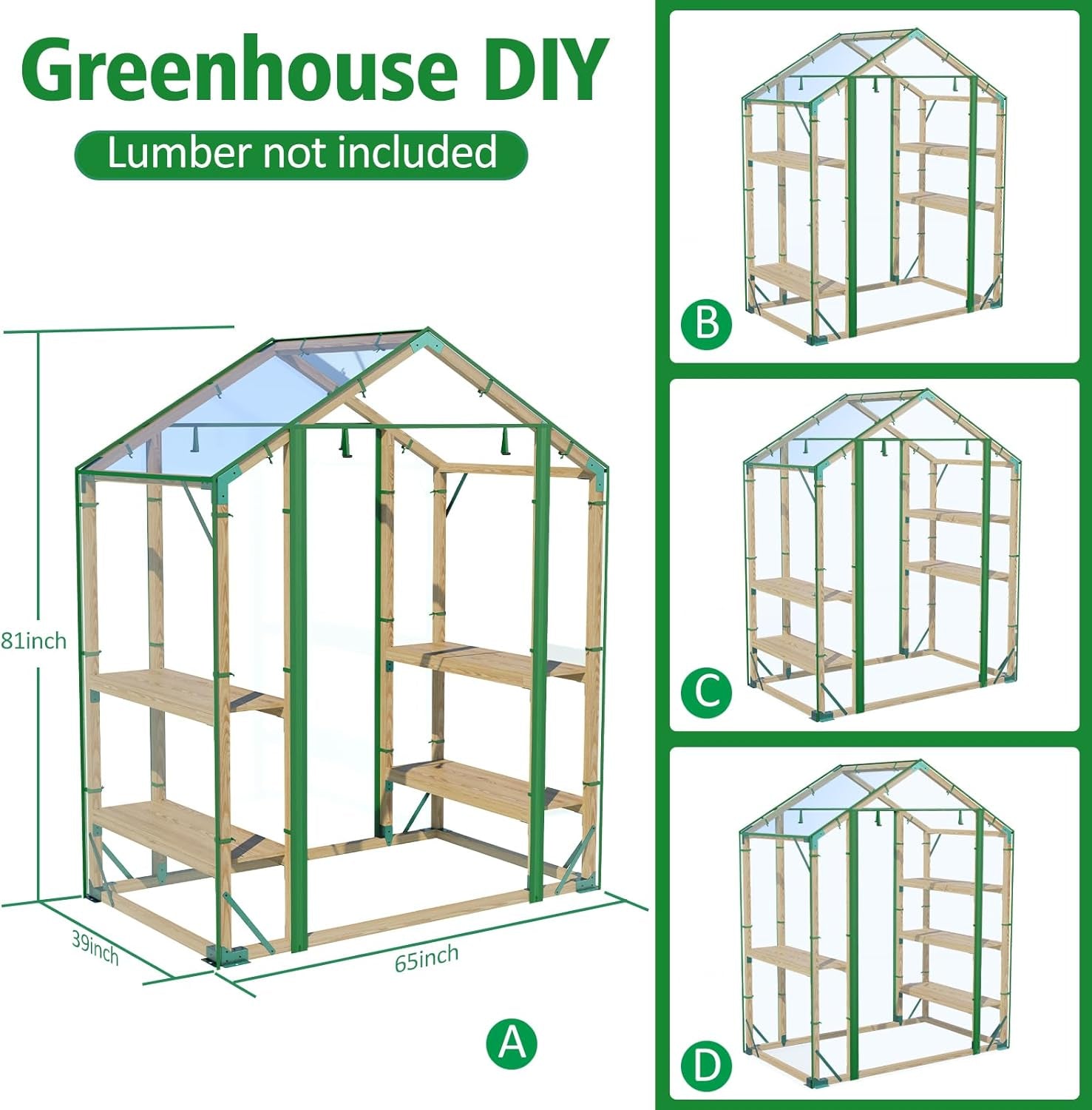 Walk in Greenhouse, 65X39X81 Inch Green House for Plants, Include Greenhouse Kit and Greenhouse PVC Cover, Portable Greenhouses for Outdoors Winter - Design By Technique