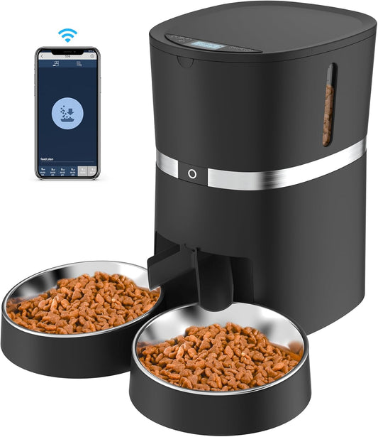 Smart Cat Feeder,  Automatic Cat Feeder Wifi Enable Pet Dog Food Dispenser App Control for Cat&Dog with Two-Way Splitter and Two Bowls, Voice Recorder Distribution Alarms, Portion Control