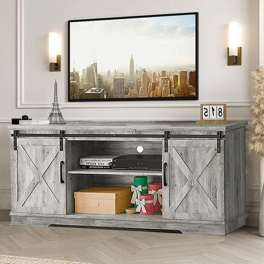 TV Stand Farmhouse Entertainment Center for 65 Inch TV Media Console Cabinet, Gray Barn Doors TV Stand with Storage and Shelves, Modern TV Console Table Furniture (Gray)