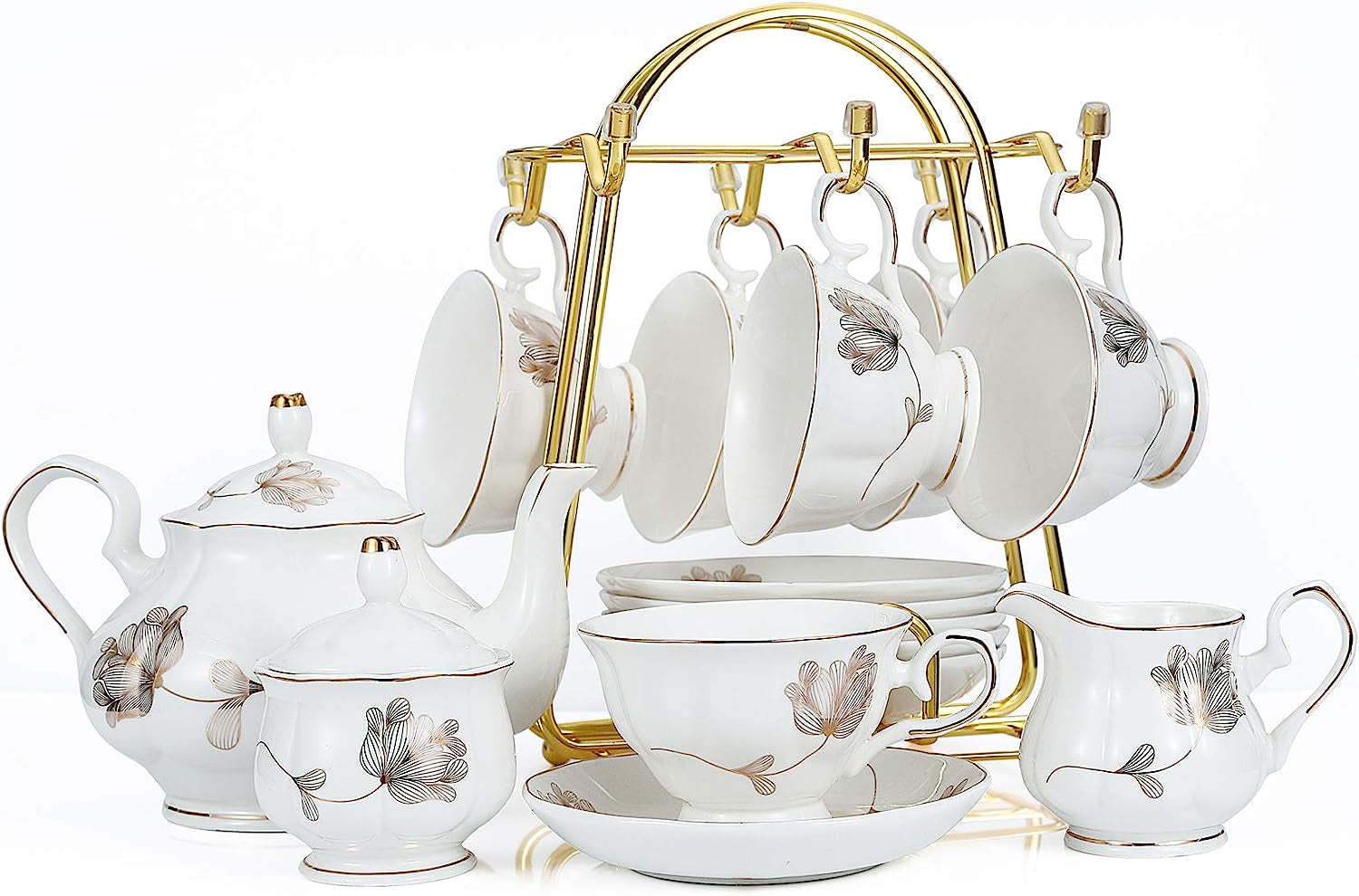 Porcelain Ceramic 22-Piece Tea Set, Teapot and Cup Set, 30.7 Ounces, for 6, Gift Sets, Tea or Coffee Lovers, Wedding, Birthday