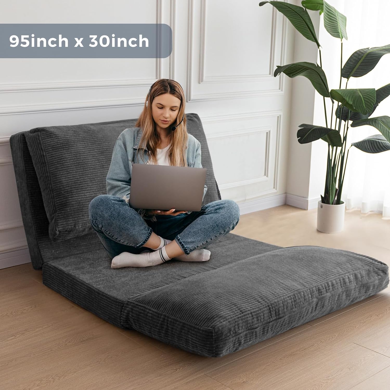Bean Bag Bed Folding Sofa Bed Floor Mattress for Adults, Extra Thick and Long Floor Sofa with Corded Washable Cover, Dark Grey, 30X95 Inch