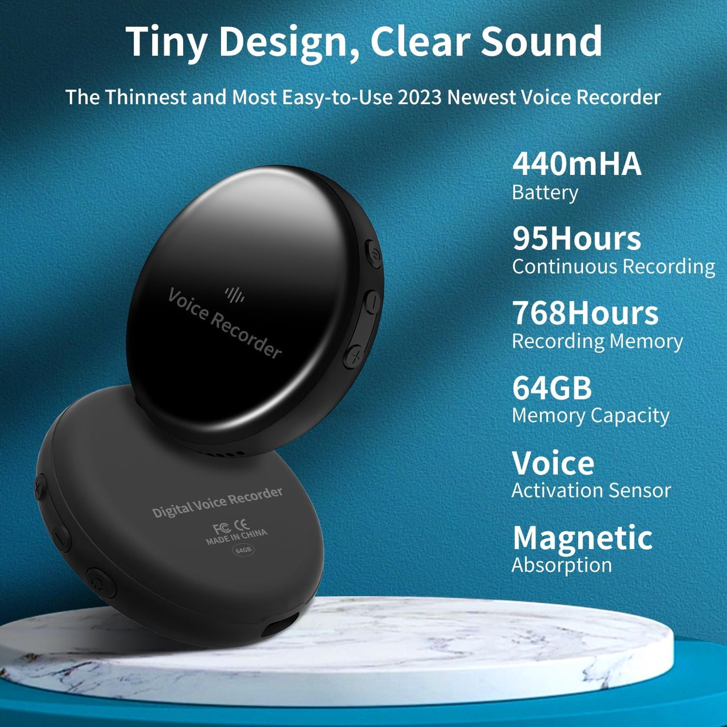 64GB Magnetic Voice Activated Recorder with 768 Hrs Recording Capacity, Digital Voice Recorder with DSP Noise Canceling for Lecture Meeting Work Interviews Class