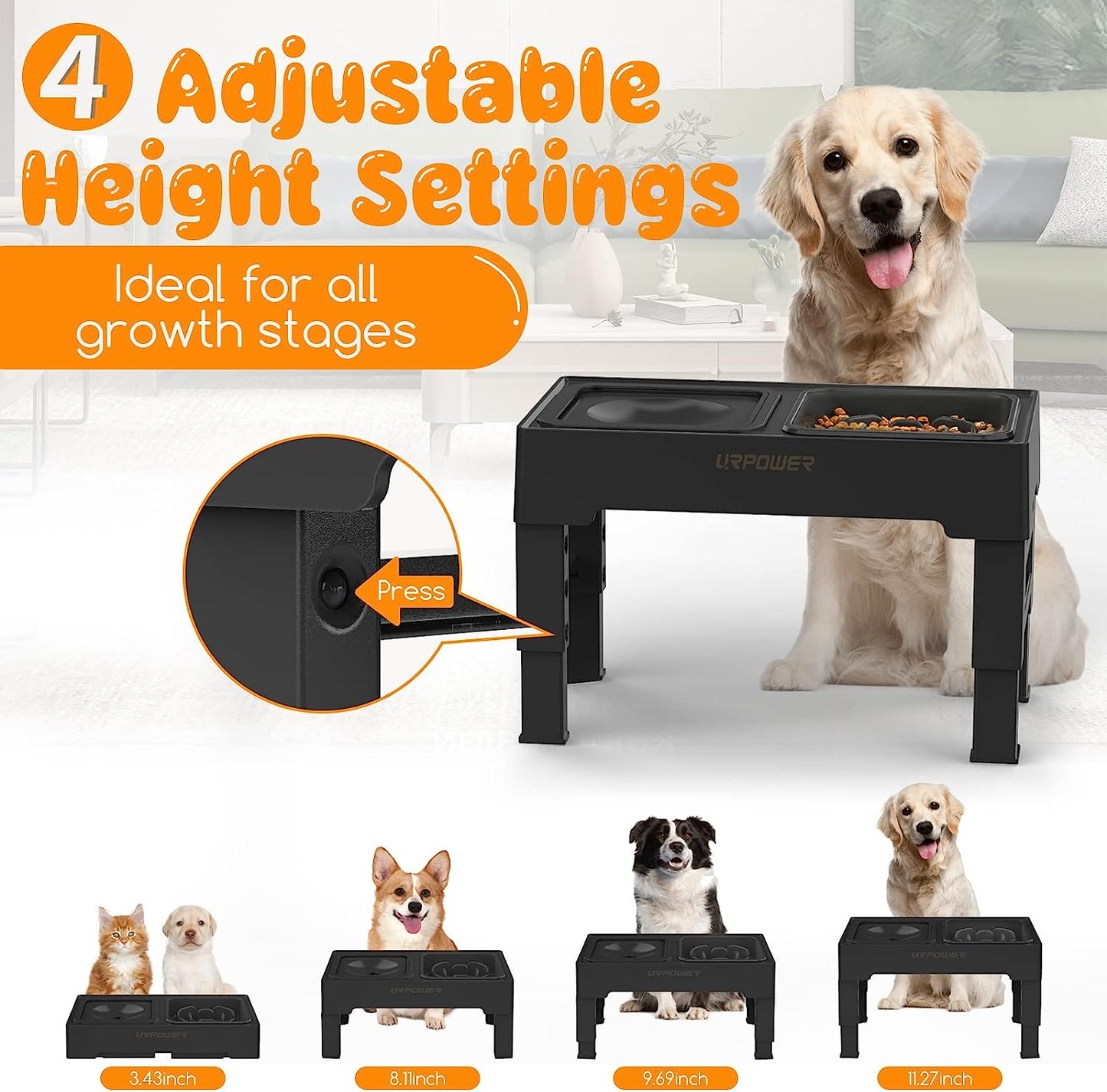 2-In-1 Elevated Slow Feeder Dog Bowls with No Spill Dog Water Bowl 4 Height Adjustable Raised Dog Bowl Non-Slip Dog Food and Water Bowls with Stand for Small Medium Large Dogs, Cats and Pets