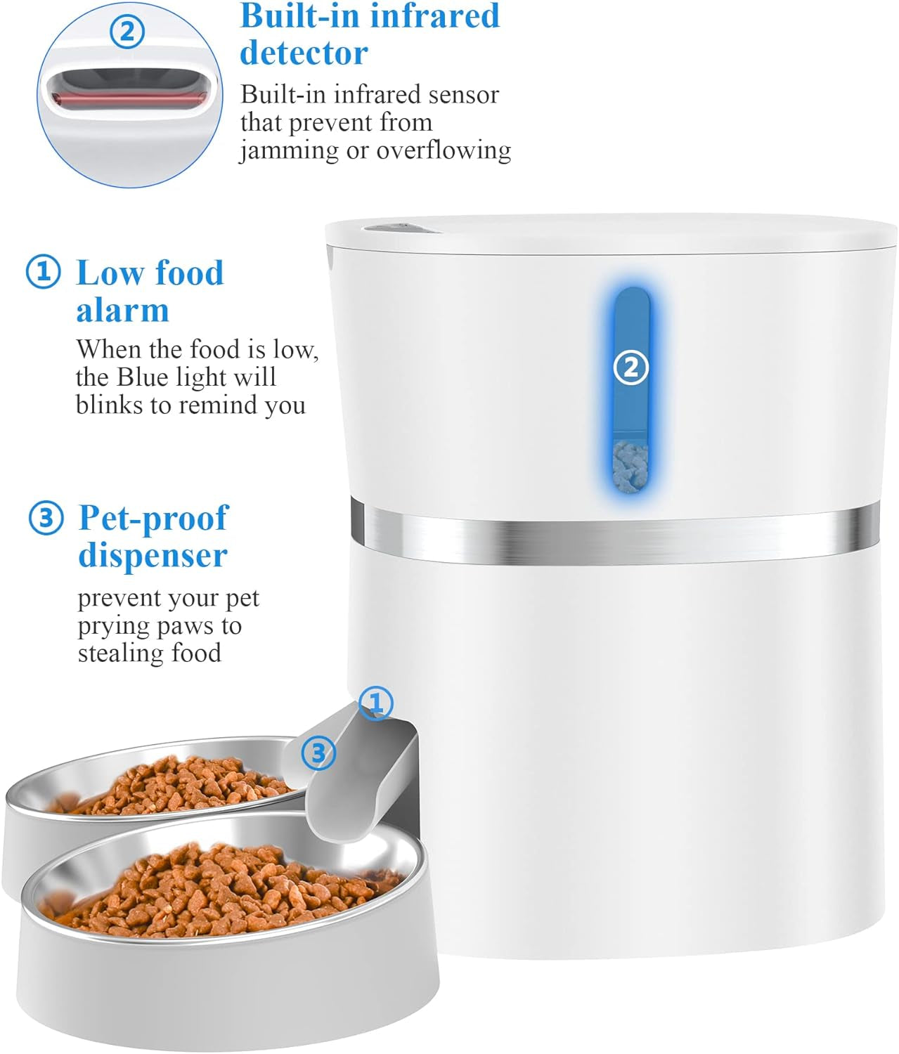 Automatic Cat Feeder,  Pet Feeder Food Dispenser for Cat & Small Dog with Two-Way Splitter and Double Bowls, up to 6 Meals with Portion Control, Voice Recorder - Battery and Plug-In Power