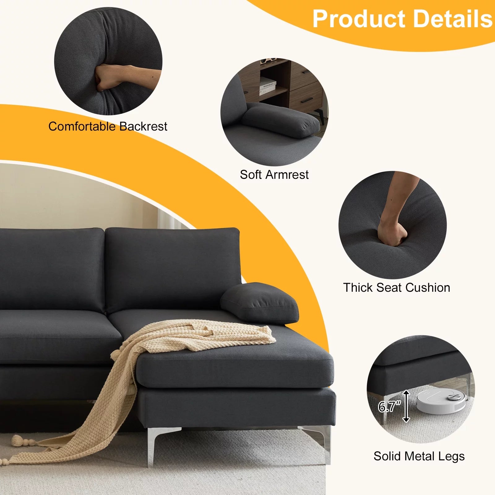 Sectional Sofa, U-Shape Convertible Couch Set with Soft Linen Fabric, Lounge Sleeper with Chaise for Living Room 4 Seat Dark Gray - Design By Technique