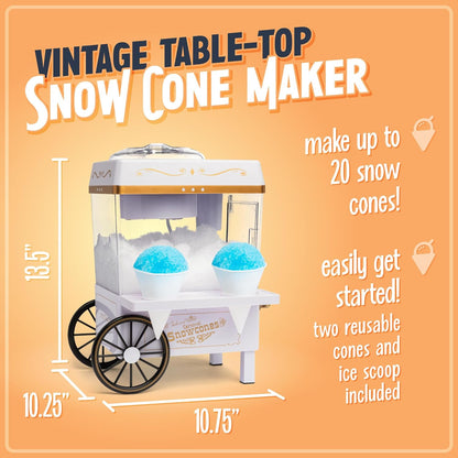 Snow Cone Shaved Ice Machine - Retro Table-Top Slushie Machine Makes 20 Icy Treats - Includes 2 Reusable Plastic Cups & Ice Scoop - White