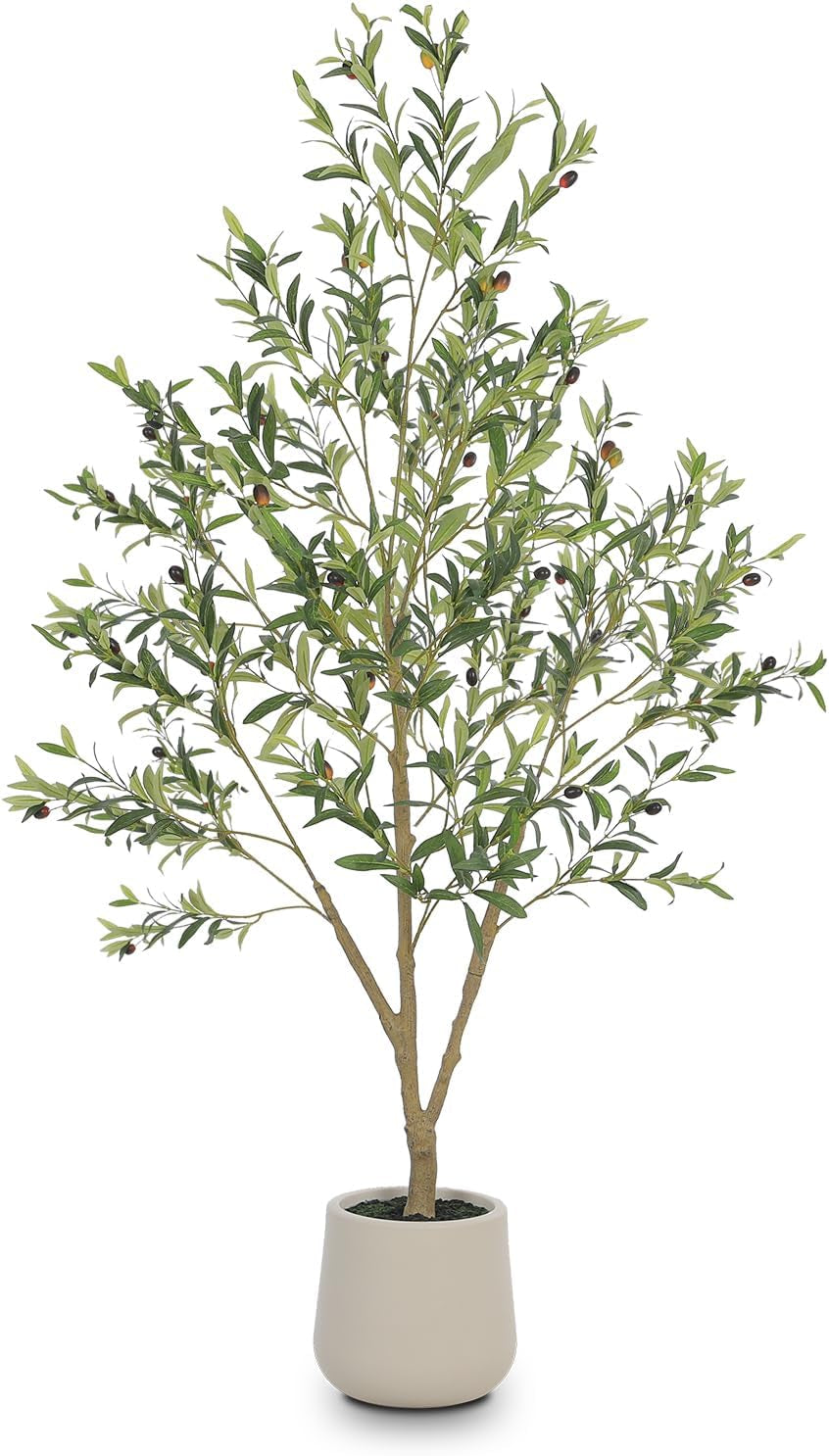 Olive Trees Artificial Indoor, 6FT Tall Faux Olive Tree with White Tall Planter, Artificial Plants with Natural Wood Trunk and Lifelike Fruits for Home Office Decor