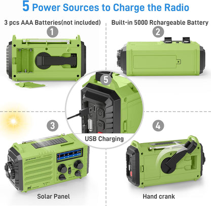 NOAA Weather Radio, Emergency Hand Crank Radio with Solar Charger, Portable Battery Operated AM FM Shortwave Radio with LED Flashlight, USB Charger, Earbud Jack, SOS Alert for Home Survival Hurricane