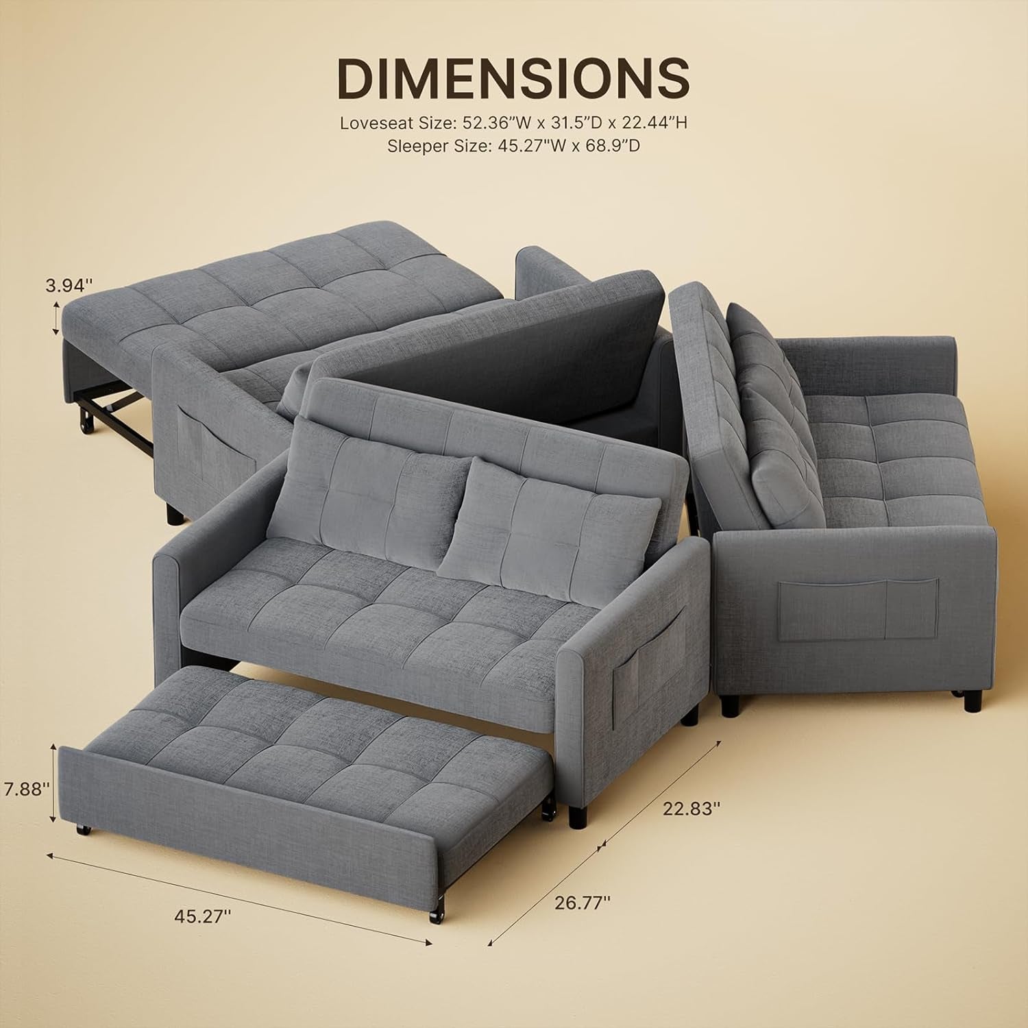 Sleeper Sofa Couch Bed, 3 in 1 Convertible Sofa Bed, 52" 2-Seater Loveseat with Pull Out Bed, Linen Fabric Futon Couches with Pillows, Pockets for Living Room Apartment Small Space, Dark Gray