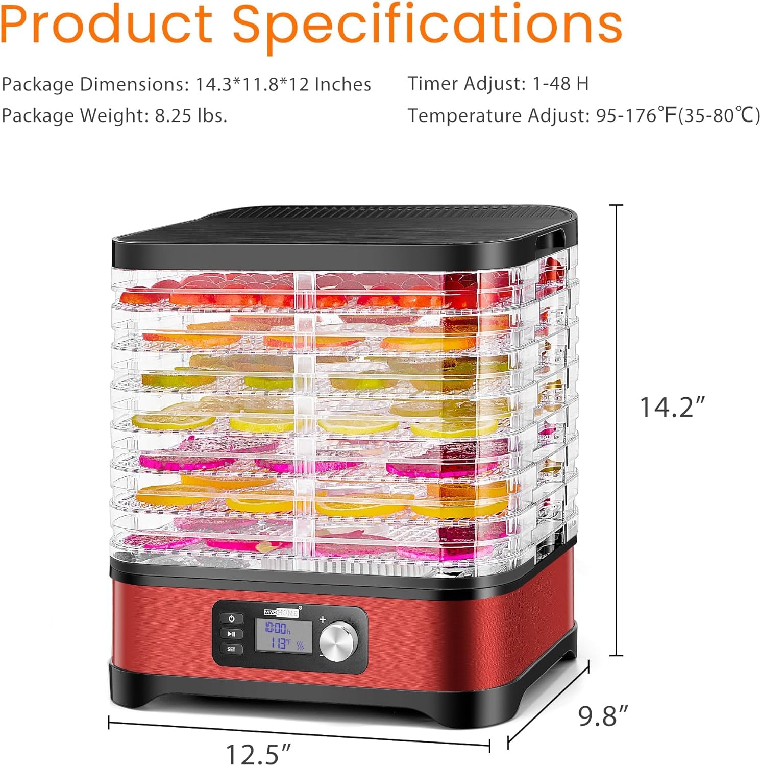 Food Dehydrator Machine, 8 Trays Meat Hydrator with 48H Digital Timer and Temperature Adjustable 95-176℉ for Fruit Vegetable Beef Jerky Maker, BPA Free, Silicone Trivet Tong Included, Red